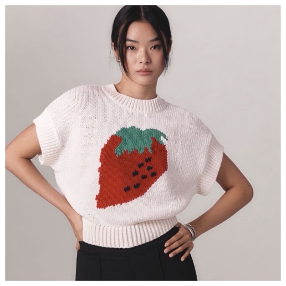 NWT Anthropologie Maeve The Pippa Crew-Neck Strawberry Sweater Cap-Sleeve XL - Picture 2 of 14